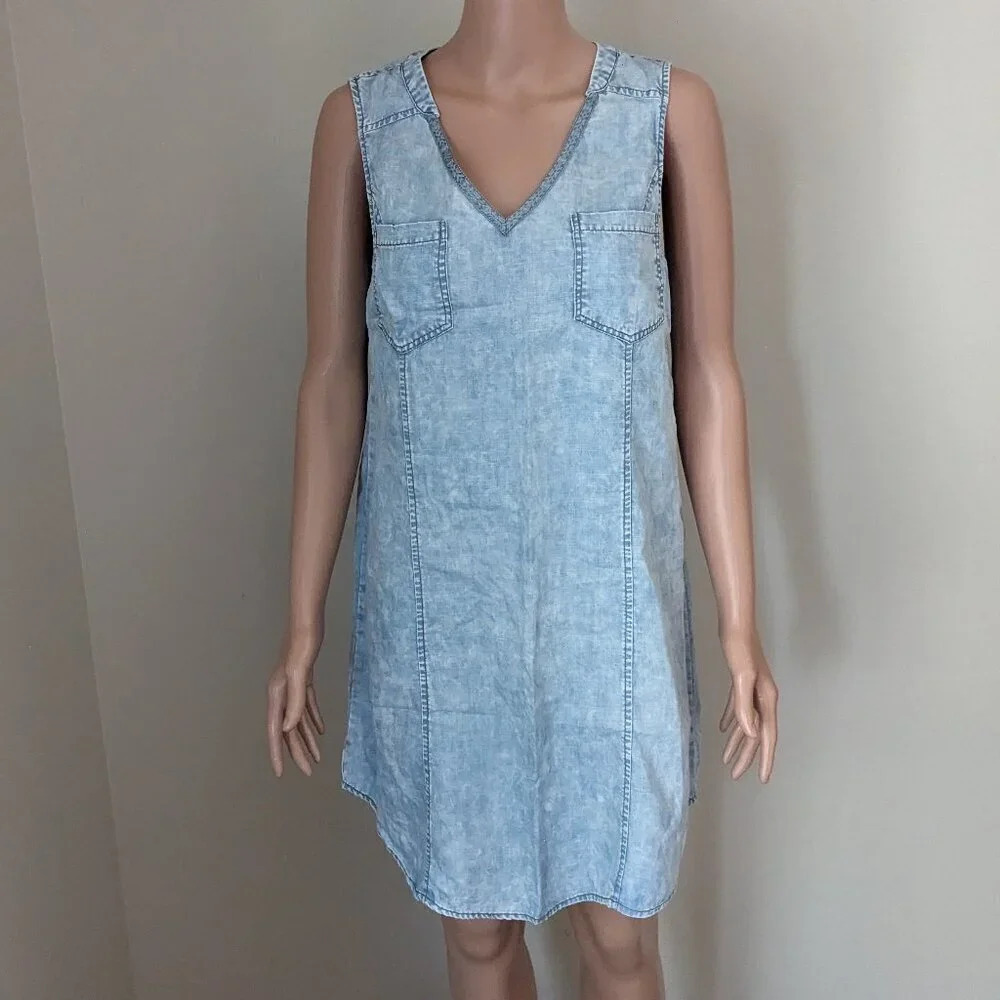 Anthropologie Skies Are Blue Chambray Mini Dress Medium Acid Wash Boho Summer